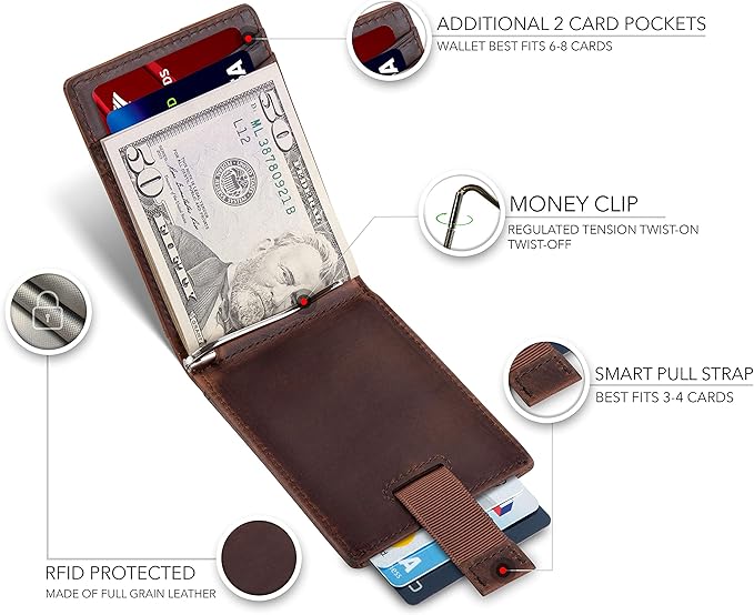 SERMAN BRANDS RFID Blocking Slim Bifold Genuine Leather Minimalist Front Pocket Wallets for Men with Money Clip Thin Gift