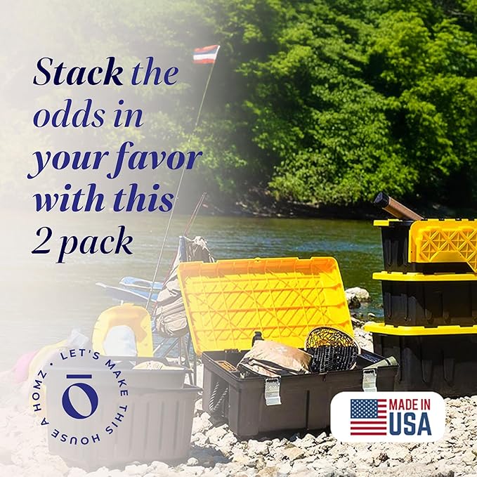 HOMZ 2-Pack Durabilt Tote, Heavy Duty Plastic Storage Bins with Lids, 34 Gallon, Black/Yellow - Stackable Organizing Containers for Home, Garage, and Office