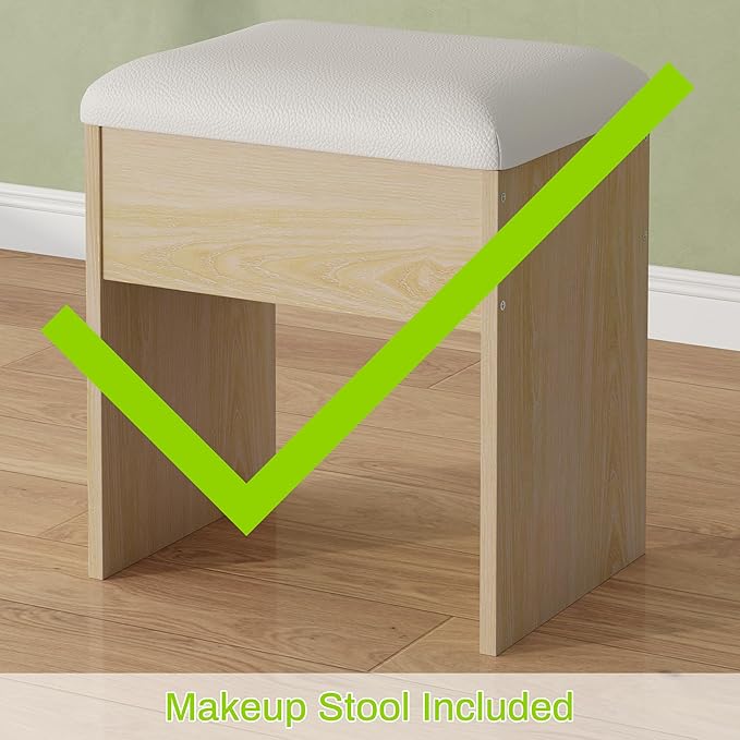 ONME Makeup Vanity Desk with Lights, Natural Wood Fluted Vanity with Tempered Glass Top, Adjustable Shelves, Drawers & Power Outlet, Modern Dressing Table Perfect for Small Bedroom or Apartment