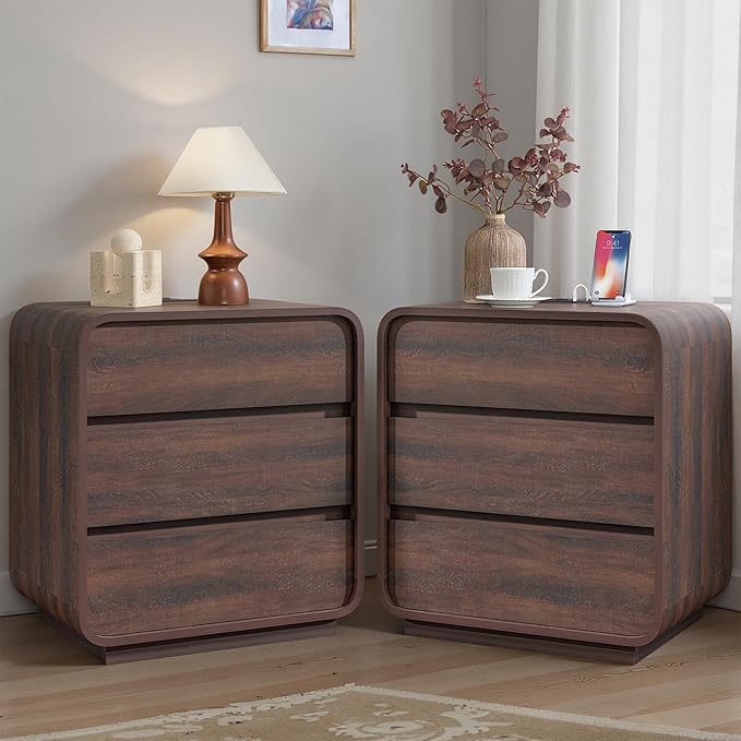 Modern Nightstand Set of 2, 23.2" Wide Wood Bedside Table with Charging Station, 3 Storage Drawers Side Table Curved Profile, Handleless, Large End Table Night Stand for Bedroom, Walnut ﻿
