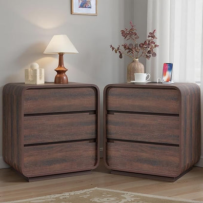 Modern Nightstand Set of 2, 23.2" Wide Wood Bedside Table with Charging Station, 3 Storage Drawers Side Table Curved Profile, Handleless, Large End Table Night Stand for Bedroom, Walnut ﻿