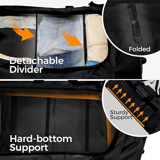 110L/120L Rolling Duffel Bag with Wheels - 28" No-Sag Design for Heavy Loads, Waterproof Travel Duffel w/Shoulder Straps and Dividers, Foldable Lightweight Design for Camping/Cargo/Air Travel