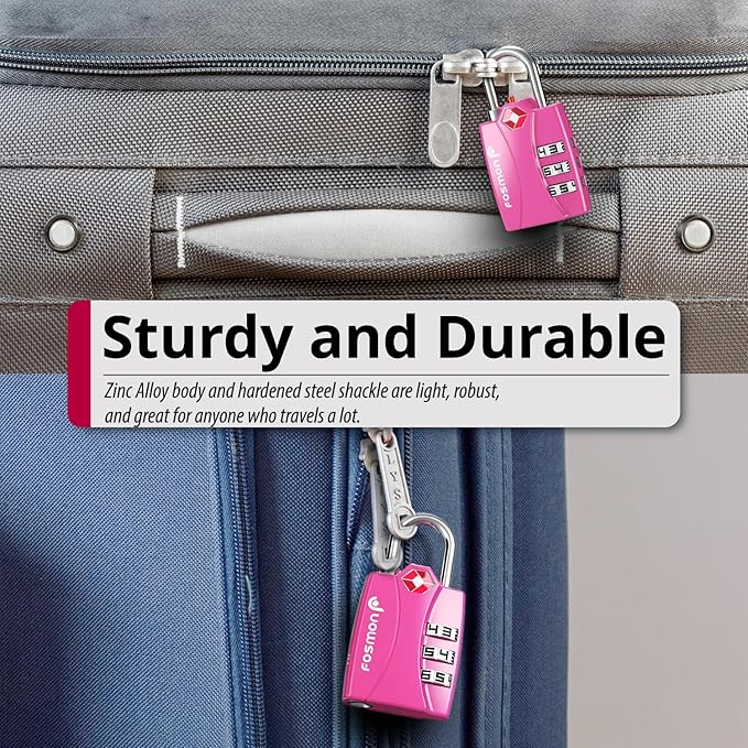 Fosmon TSA Approved Pink Locks for Luggage. Cute Locker Suitcase Lock with Open Alert Indicator, 3 Digit Combination Padlock with Alloy Body for Travel, Backpack Zipper Anti Theft, Gym, Women- 2 Pack