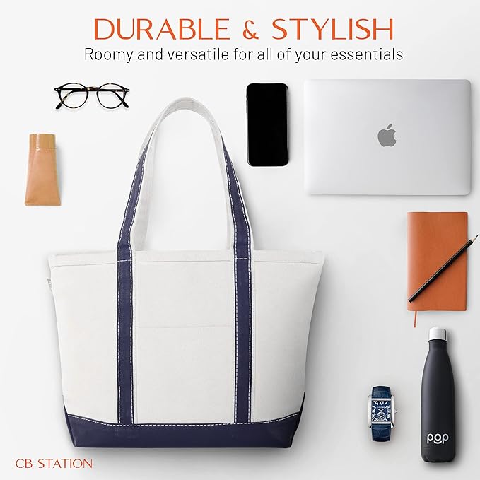 CB STATION Medium Classic Canvas Tote Bag for Women, Top Zipper Closure, Outer Pocket, Daily Essentials, Groceries, Traveling