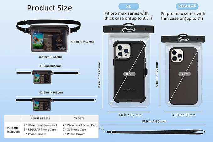 AiRunTech Waterproof Fanny Pack,Waterproof Phone Pouch for iPhone 15 14 13 12 11 Pro Max,IPX8 Waterproof Dry Bag for Snorkeling Beach Cruise Kayaking Pool Swimming(Two Phone Cases+Two Waist Bags Set)