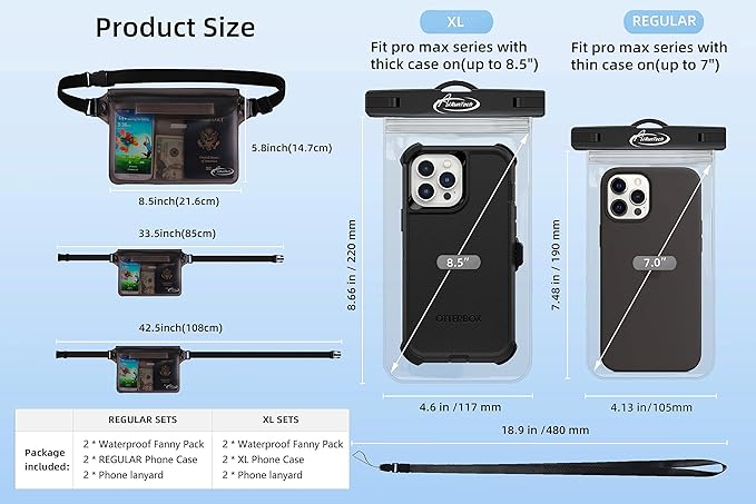 AiRunTech Waterproof Phone Pouch, Cruise Essentials 4-Piece Set, Beach Vacation Kayak Cruise Accessories Must Haves, Waterproof Bag for Travel with Phone Lanyard (2 Phone Cases + 2 Fanny Packs)