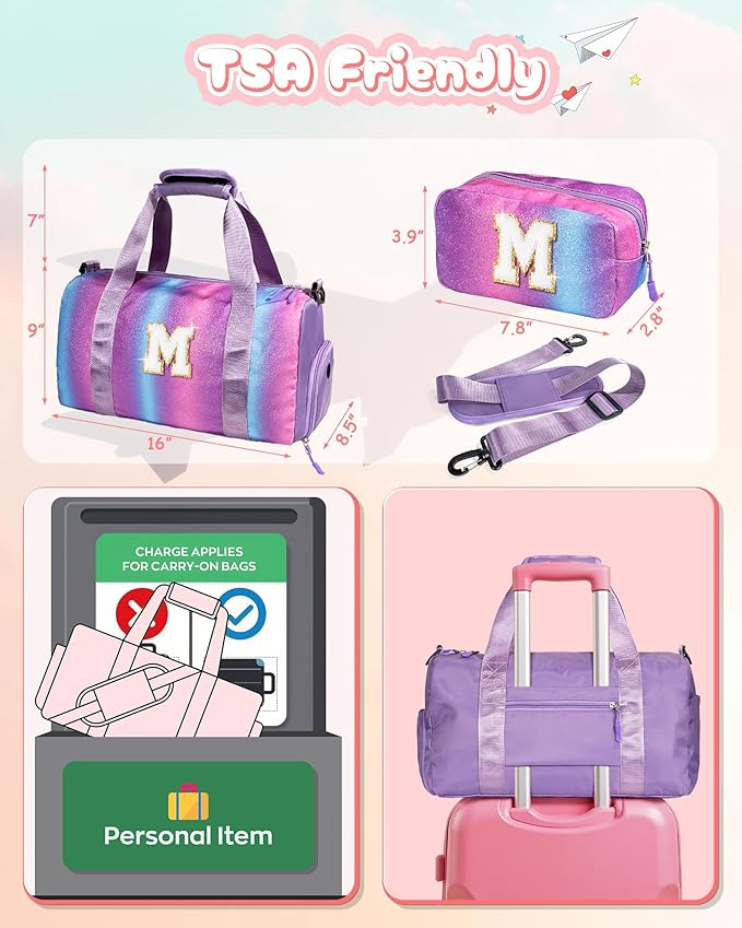 Birthday Gifts for 3 4 5 6 7 8 9 10 11 12 Year Old Girls-Girl Gym Bag with Shoe Compartment, Kid Personalized Weekender Dance Bags, Initial Travel Tote with Makeup Pouch (Letter B)