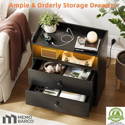 2 Pack Nightstand with Charging Station and LED Light, Modern Nightstand with USB Ports and Outlets, Wooden Bedside Table with 2 Storage Drawers, Small Dresser for Bedroom Small Space, Black