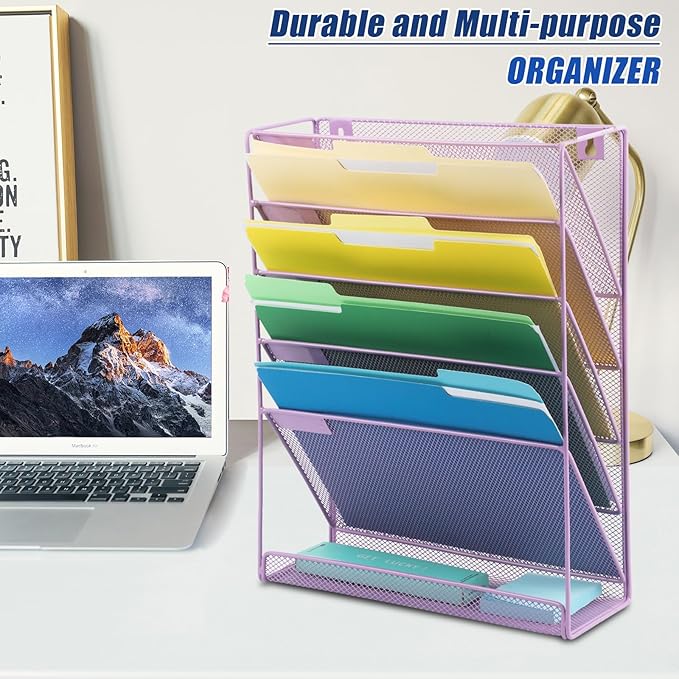 EASEPRES Desk File Organizer Mesh 6 Tier, Hanging Wall Mount Document Organization Stand, Desktop Vertical Mail Paper Folder Holder Rack with Bottom Tray for Office Home Cubicle, Light Purple