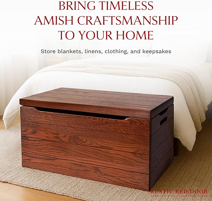 Amish Made Wooden Storage Chest Trunk Box with Lid and Handles for Bedroolanket, Clothes, Anti-Slam Hinges, Handmade, Rustic, Oak Wood, Michaels Stain, 30"