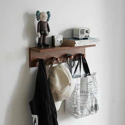 Entrance Coat Rack ，Coat Hooks, Wall-Mounted Wooden Hook Rack, Wall-Mounted Shelves are Very Suitable (Teak Colored Veneer)