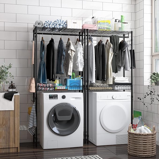 Xiofio Washer and Dryer Storage Shelf,Clothes Drying Rack,2 Tier Adjustable Height Storage Wire Basket with 2 Side Hook Laundry Shelves Used for Bathroom, Bedroom,Balcony,Black