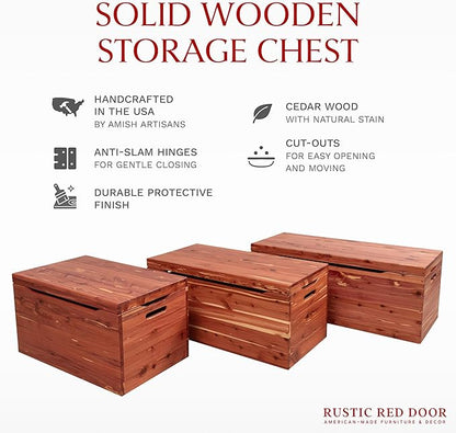 Amish Made Wooden Storage Chest Trunk Box with Lid and Handles for Bedroolanket, Clothes, Anti-Slam Hinges, Handmade, Rustic, Cedar Wood, Natural Stain, 42"