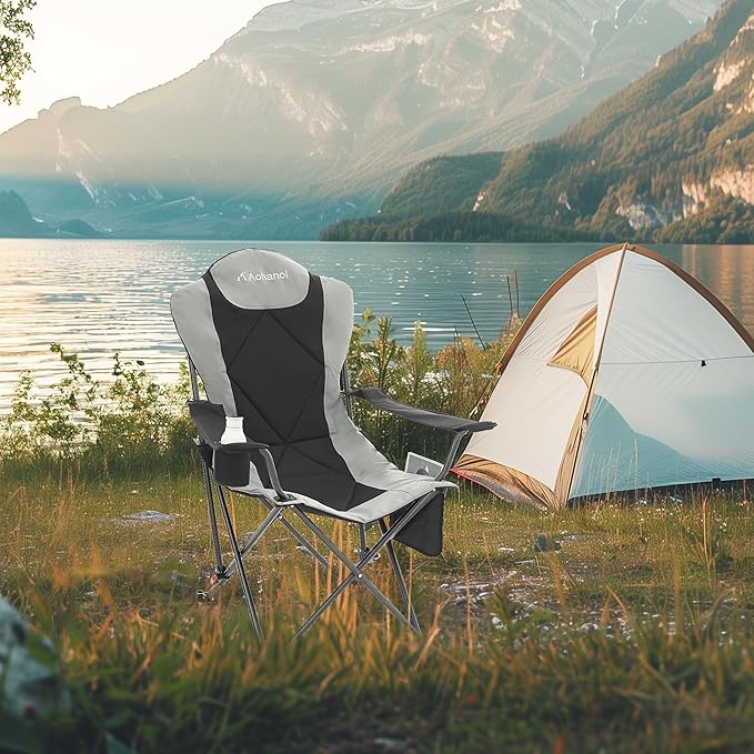 Camping Chairs, Portable 2 Pack Camp Chairs for Heavy People with Adjustable Angled Backrest, Outdoor Folding Camping Chairs for Outside Supports up to 350lbs, Carry Bag Included
