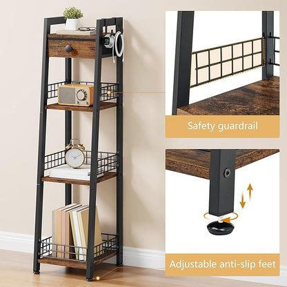 4-Tier Narrow Bathroom Table Ladder Shelf with Drawer, Bathroom Stand Floor Storage Shelf, Freestanding Tower Shelf Ladder -Rustic Brown.