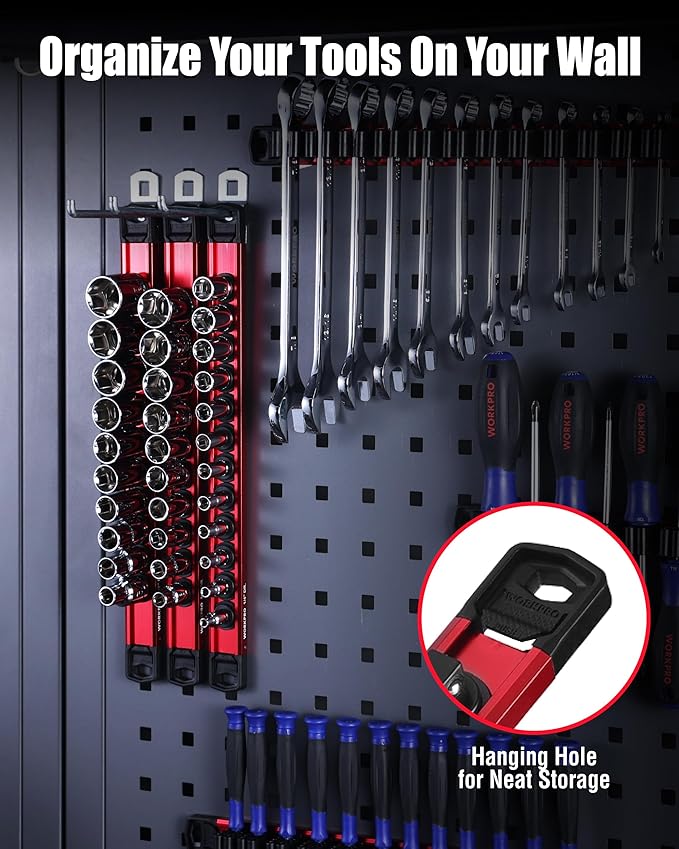 WORKPRO 6-Piece Magnetic Socket Organizer and Magnetic Screwdriver Organizer Set, 3-Piece 1/4", 3/8" & 1/2" Drive Metric & SAE Socket Rail, 3-Piece Screwdriver and Wrench Holder(Sockets not Included)