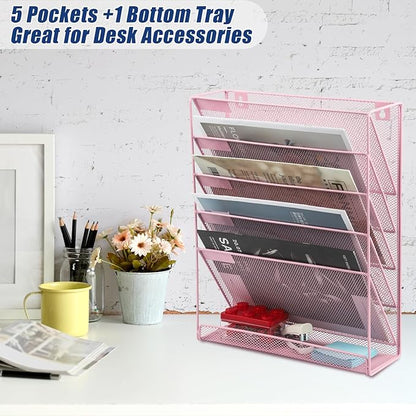 EASEPRES Desk File Organizer Mesh 6-Tier, Hanging Wall Mount Document Organization Stand, Desktop Vertical Mail Paper Folder Holder Rack with Bottom Tray for Office Home Cubicle Countertop, Pink