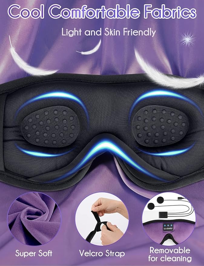 LC-dolida Sleep Headphones, Sleep Mask Bluetooth Wireless Music Eye Mask, Sleeping Headphones for Side Sleepers Sleep Mask with Bluetooth Headphones Ultra-Thin Stereo Speakers Perfect for Sleeping