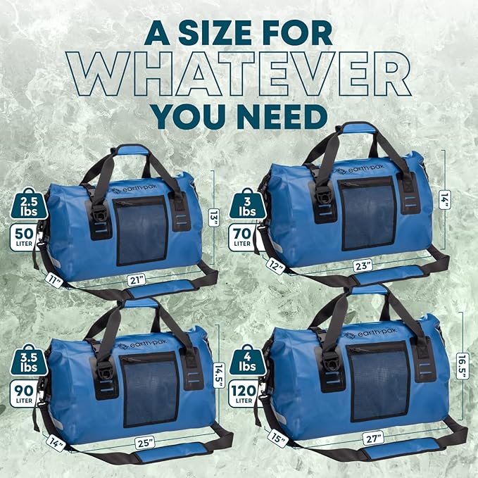 Earth Pak Waterproof Duffel Bag - Heavy Duty Motorcycle Dry Bag with Large Storage Space Perfect for Traveling, Camping, Kayaking, Fishing & Canoeing Bag 50L/70L/90L/120L Sizes