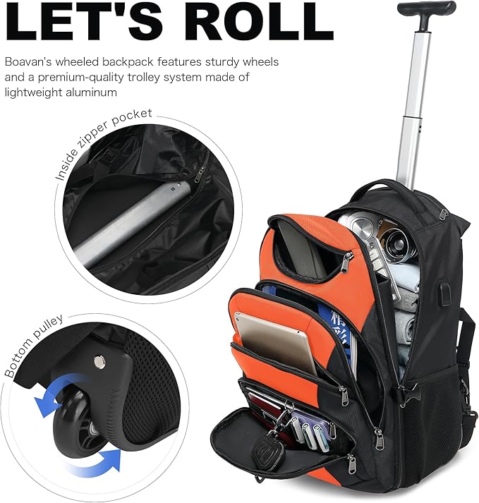 Boavan Rolling Backpack,17 inch Water Resistant Wheeled Backpack,Carry on Luggage Business Bag, Overnight College Computer bag Trolley Suitcase for Men Women Adults to Travel，Black&Orange