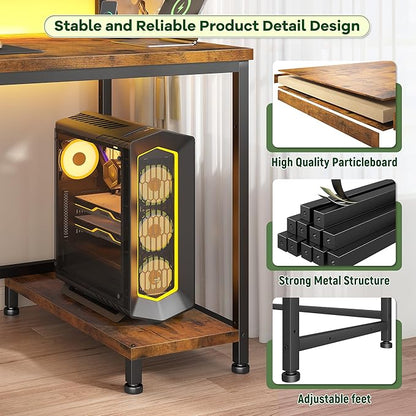39.3Inch Office Desk with Power Outlet & Drawer, Gaming Desk with CPU Stand& LED Lights,Computer Desk with Ergonomic Monitor Stand for Small Space,Rustic Brown