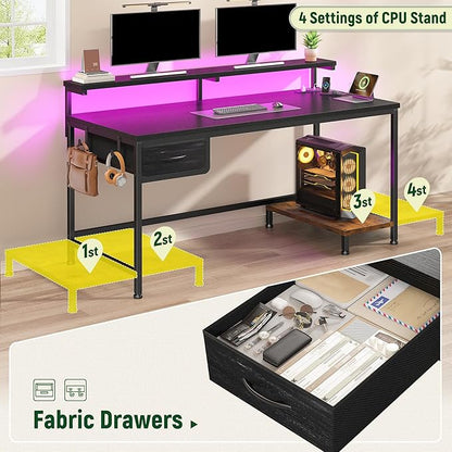 39.3" Gaming Desk with Power Outlet and LED Lights,Computer Desk with Adjutable Monitor Stand and Drawer,Office Desk with CPU Stand for Home Work,Study and Gaming, Small Spaces,Black