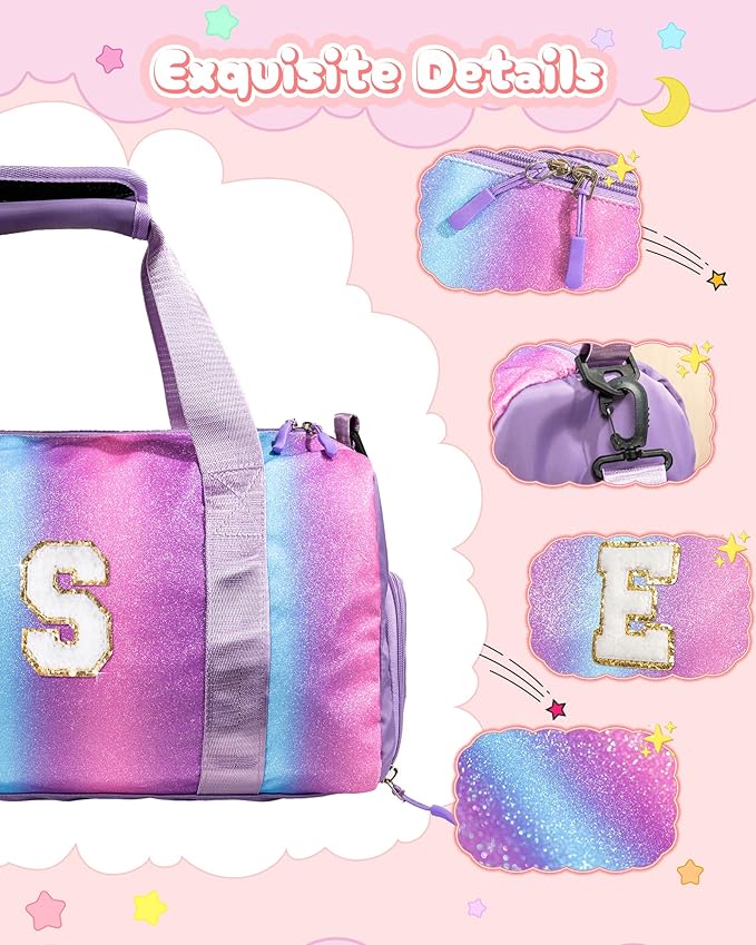 Gifts for 4 5 6 7 8 9 10 Year Old Girls-Girl Gym Bag with Shoe Compartment, Kid Personalized Weekender Overnight Bags, Initial Travel Tote with Makeup Pouch, Gift for Daughter (Letter G)