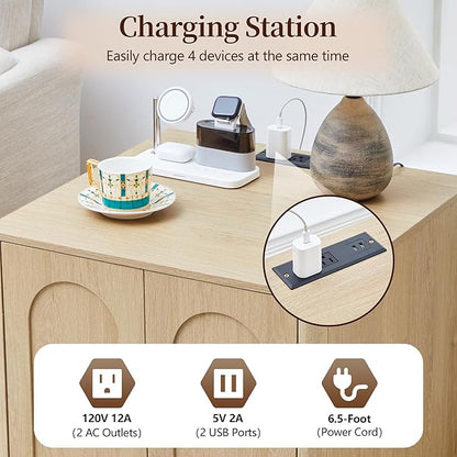 Bed Side Table with Charging Station, Mid Century Modern Nightstand with 2 Doors, Square End Table with Storage for Couch,Living Room,Small Spaces, Sofa Side Table for Office,Dorm - Natural