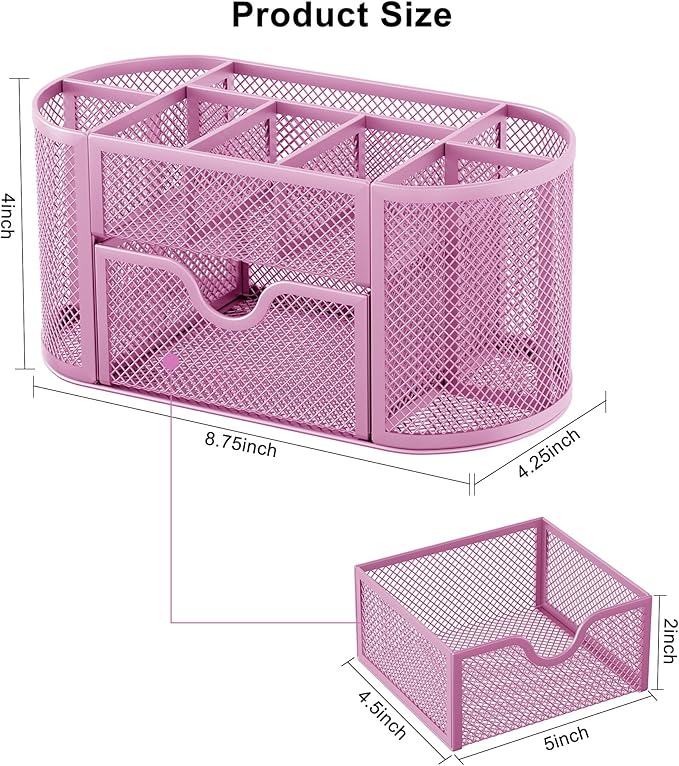 EasyPAG Mesh Pen Holder Desk Organizer with Drawer Stationery Supplies Organizer for Dorm School 9 Compartments Workspace Desk Accessories Organization for Office, Light Pink