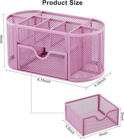 EasyPAG Mesh Pen Holder Desk Organizer with Drawer Stationery Supplies Organizer for Dorm School 9 Compartments Workspace Desk Accessories Organization for Office, Light Pink