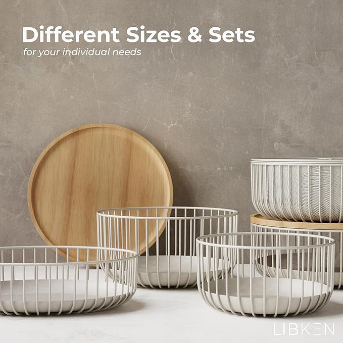 Metal Wire Mesh Fruit Baskets with Wooden Lid - Fly-Proof Indoor Solution for Fresh Fruits - Covered Fruit Bowl - Produce Cover Against Flies for Vegetables - Warm Gray