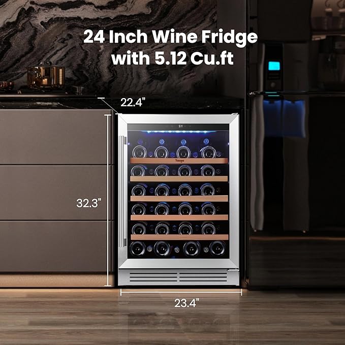 Yeego Wine Fridge Cooler - 24 Inch Wine Fridge Hold 47 Bottles, 40-65°F Wine Refrigerator Glass Door, Built in, Freestanding Under Counter Fridge for Beer Soda Drink Home Bar Office(5.12 Cu.ft)