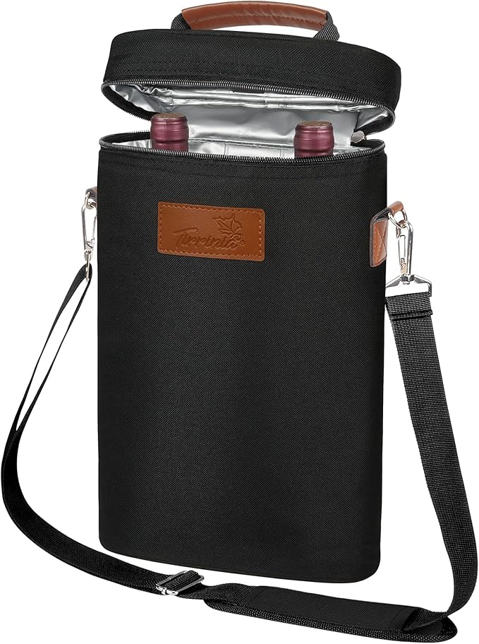 Tirrinia 2 Bottle Leakproof Insulated Wine Tote Carrier Bag - Padded Cooler for Travel, Restaurants, Tasting, Parties, Great Gift for Wine Lovers
