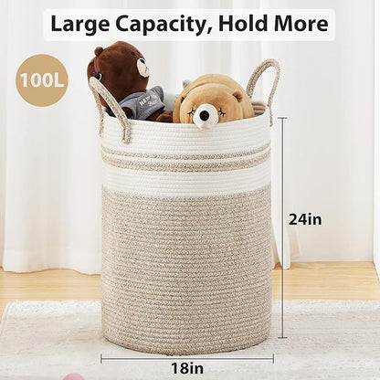 Fiona's magic 100L Extra Large Laundry Hamper Basket, 26.4Gal Tall Woven Laundry Basket Storage, Baby Nursery Hamper for Blankets, Clothes Hamper for Bedroom and Living Room Organizing, Brown & White