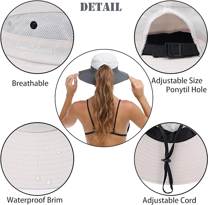 Womens Summer Sun Hat Beach Hat Wide Brim Outdoor UV Protection Hat Foldable Cool Mesh Ponytail Bucket Hat