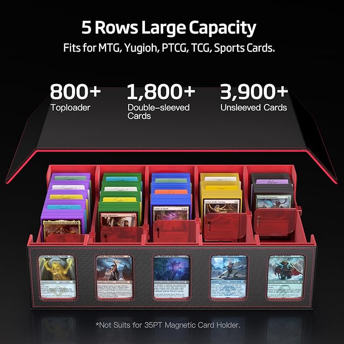 Trading Card Storage Box 5-Row 3900+ Capacity,TCG MTG Card Case with Magnetic Lid & Commander Display,Top Loader Storage for Sports Cards,Includes Dividers Dice Box（Black＆Red）