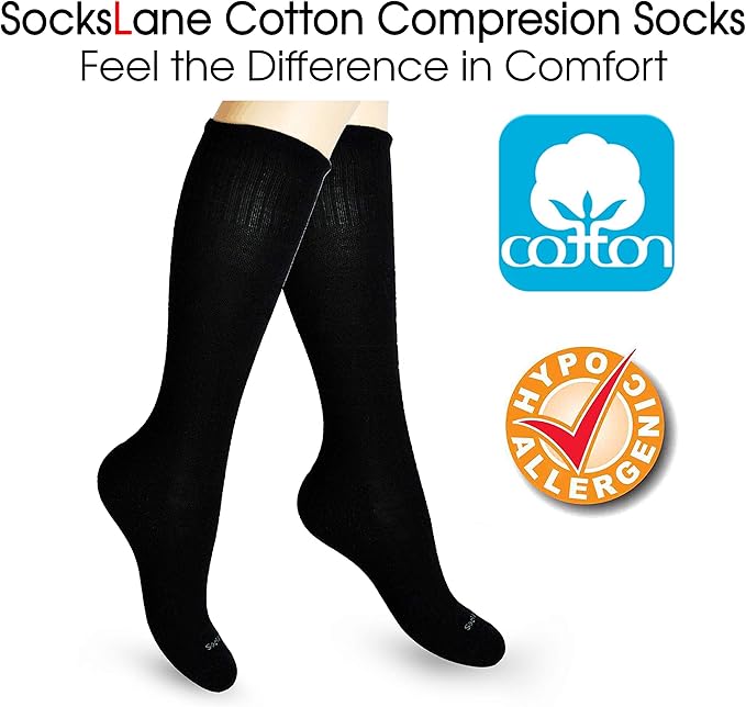 Cotton Compression Socks for Women & Men. 15-20 mmHg Support Knee-High Solid White M/L