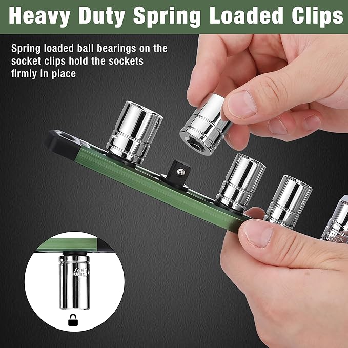WORKPRO Magnetic Socket Organizer, 3/8-Inch Drive Aluminum Alloy Sockets Rail, Heavy Duty Sockets Holder, Socket Rack Kit 3/8-Inch x 10 Clips Green (Socket not Included)