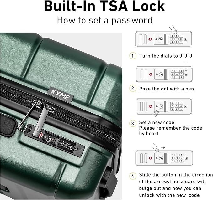 KYME Hardside Carry On Luggage 22x14x9 Airline Approved with TSA Lock Hardshell 22 Inch Suitcase with Spinner Wheels Small Travel Rolling Luggage with Cup Holder for Men Women Green