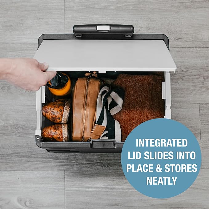 CleverMade Collapsible Wheeled Crate with Lid, 4-Wheels - Swivel and Glide Rolling Crate with Handle and Double Wheels for Easy Transport and Versatile Use - 35L and 75lb Capacity, Black/Cream