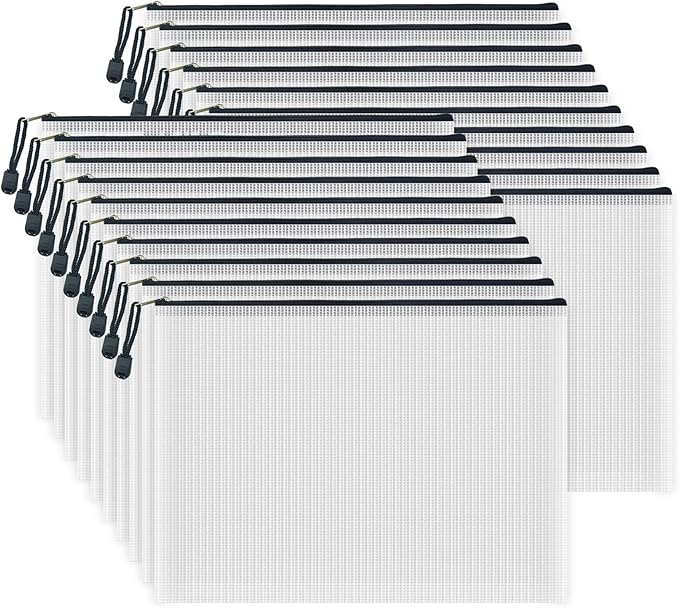 AUSTARK 20 Pcs Zipper File Bags, Plastic Mesh Pouch, Board Game Storage Bag, Waterproof Bags for Office School (A4 Size 13.4''x9.4'', White and Black)