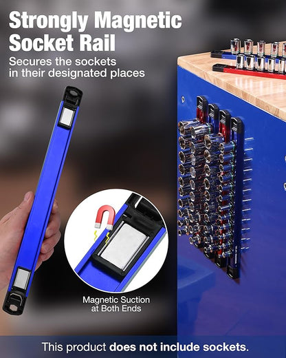 WORKPRO Magnetic Socket Organizer Set, 1/2" 3/8" 1/4" Drive Aluminum Alloy Socket Holder, 3PC Socket Rail with Removable Socket Clips, Socket Organizer Tray for Tool Box Drawer (Sockets Not Included)