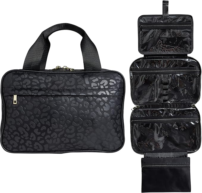 Nicole Miller New York Once Upon a Rose Makeup Bag, Multifunctional Travel and Toiletries Bag, Cosmetics Essentials Accessories Bag, Luxurious, Classic, Chic, and Stylish, Black Cow