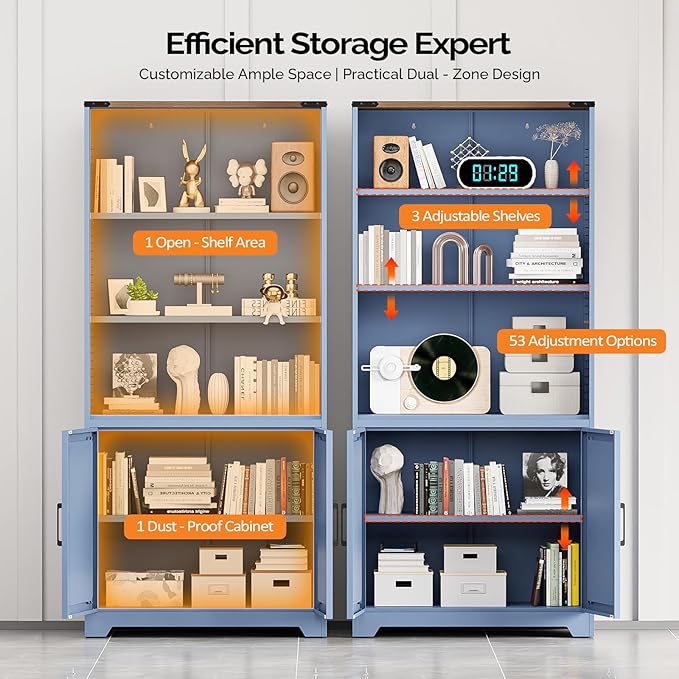 VINGLI Blue Bookcase with Doors and Adjustable Shelves, Steel 70" Tall Bookshelf Display Cabinet, 6-Tier Tall Farmhouse Metal Storage Cabinet for Study, Living Room, Home Office, Kitchen Pantry