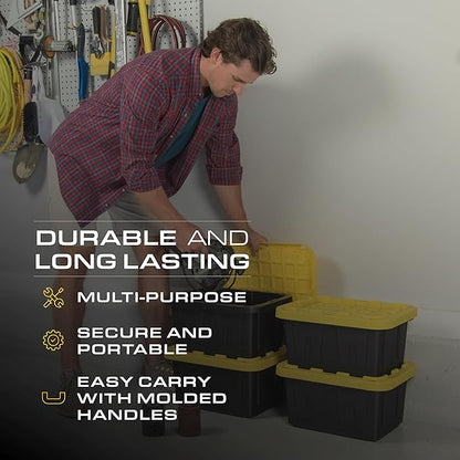 BLACK & YELLOW, 5-Gallon Heavy Duty Tough Storage Container & Snap-Tight Lid, (8.6"H x 12.3"W x 16.4"D), Weather-Resistant Design and Stackable Organization Tote [6 Pack]
