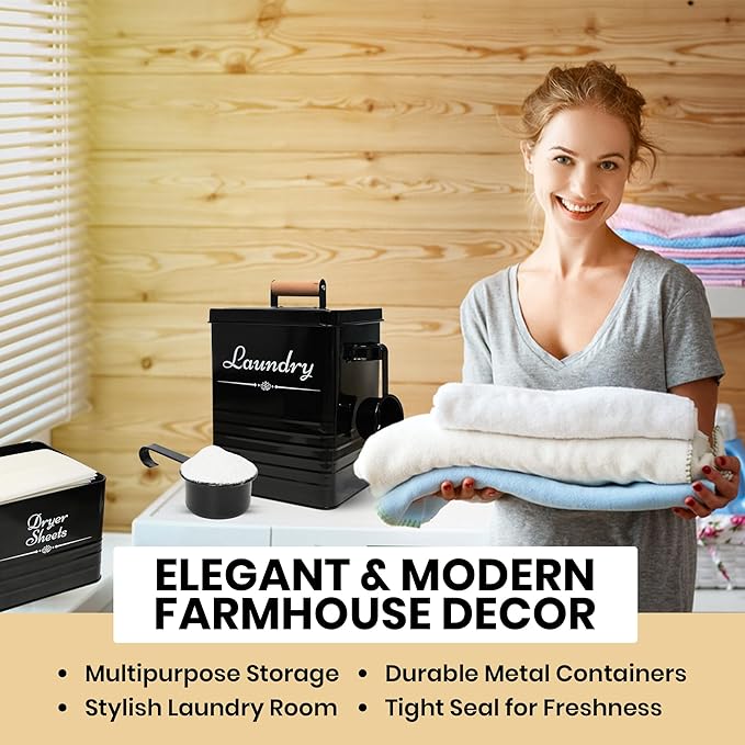Farmhouse Metal Detergent Pod Container with Dryer Sheet Holder for Laundry Room Organization and Storage - Holds Over 200 Pods and 300 Sheets