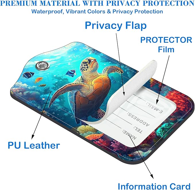 Sea Turtle Luggage Tags for Suitcases Leather Travel Tags for Luggage ID Label with Privacy Cover and Stainless Steel Loop for Men Women Suitcase Backpack, Set of 2