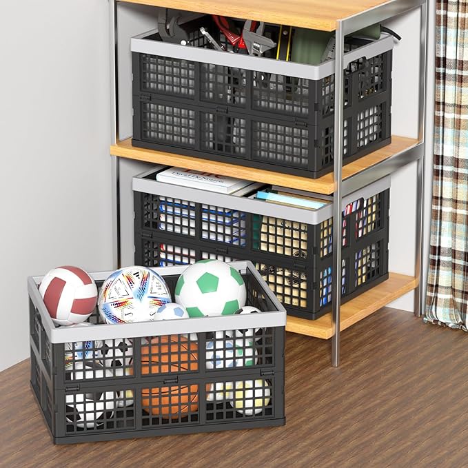 Collapsible Utility Crate Storage Bin, Folding Plastic Stackable Utility Crates, Black, 2PK - 42L