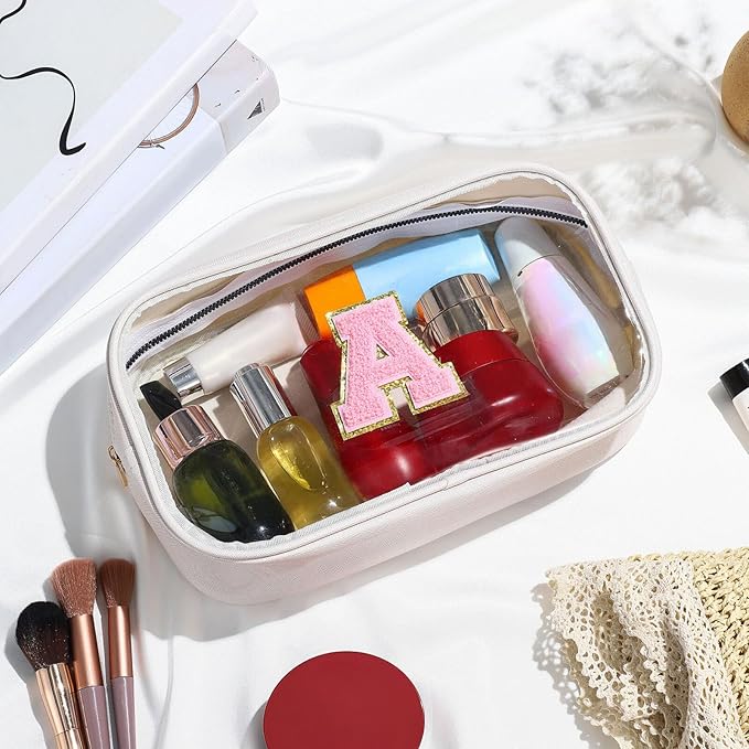 YOOLIFE Initial Make Up Bag Travel Toiletry Bag, Clear Makeup Bag Preppy Cosmetic Bag Clear Makeup Bags With Zipper Girlfriend Teacher 6 Year Old Girl Gifts Daughter Gifts Swim Gifts For Girls White R