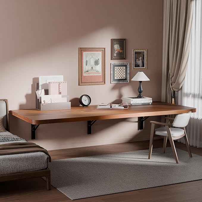 IAE Floating Wall Mounted Folding Table Desk with Pine Wood,55" x 22" Foldable Workbench,Fold Down Wall Mounted Foldable Desk with Shelf Brackets,Laundry Folding Table for Home,Dining,Kitchen,Teak